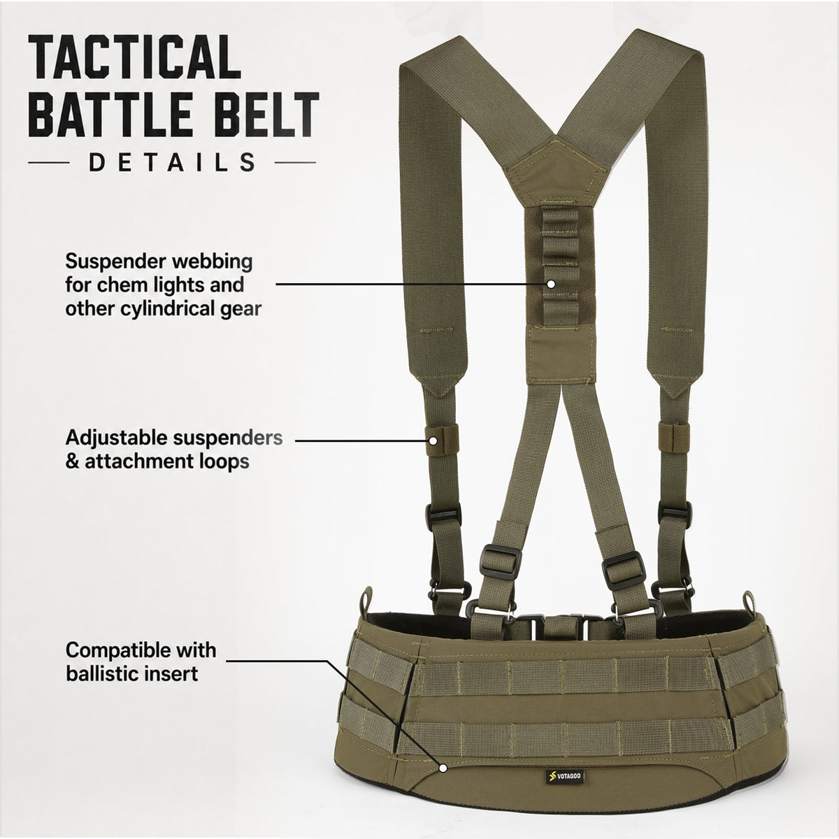 VOTAGOO® Padded MOLLE Battle Belt with Detachable Suspenders