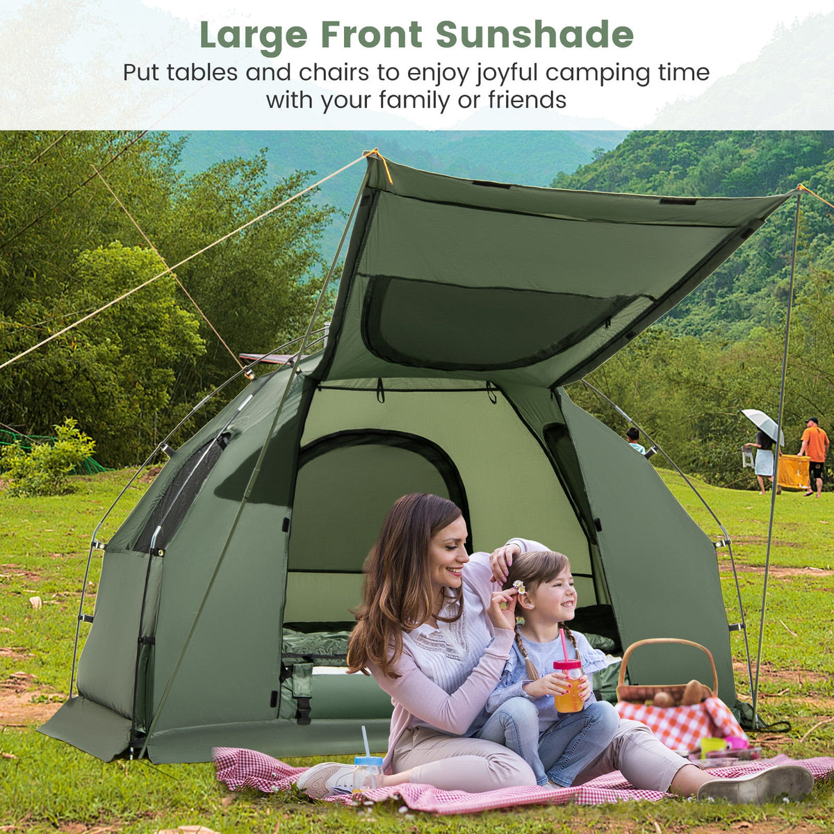 1-Person Folding Camping Tent with Sunshade and Air Mattress