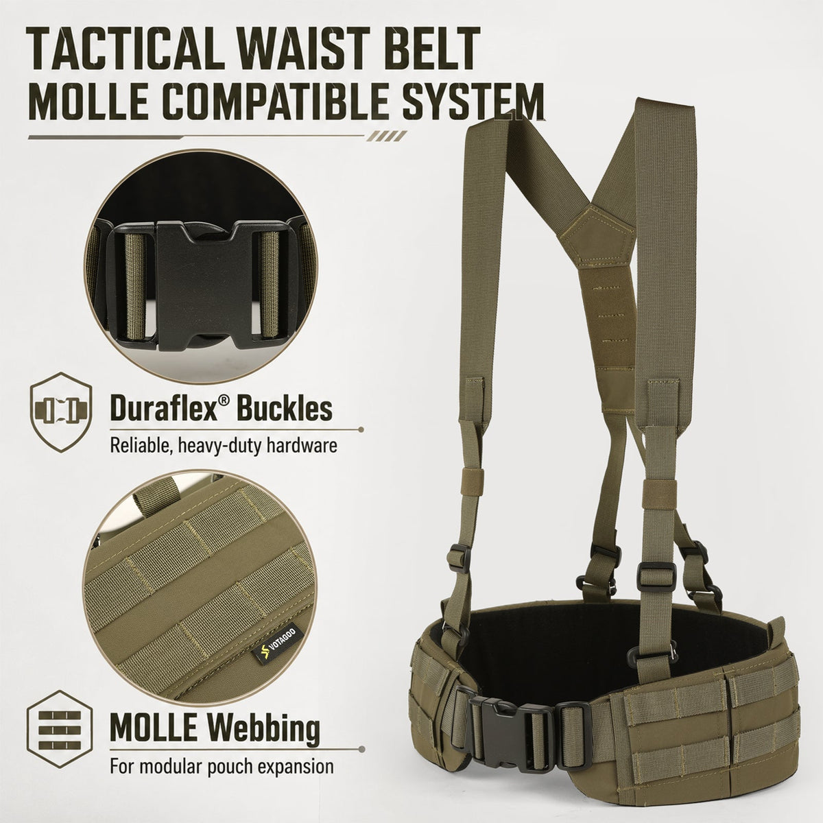 VOTAGOO® Padded MOLLE Battle Belt with Detachable Suspenders