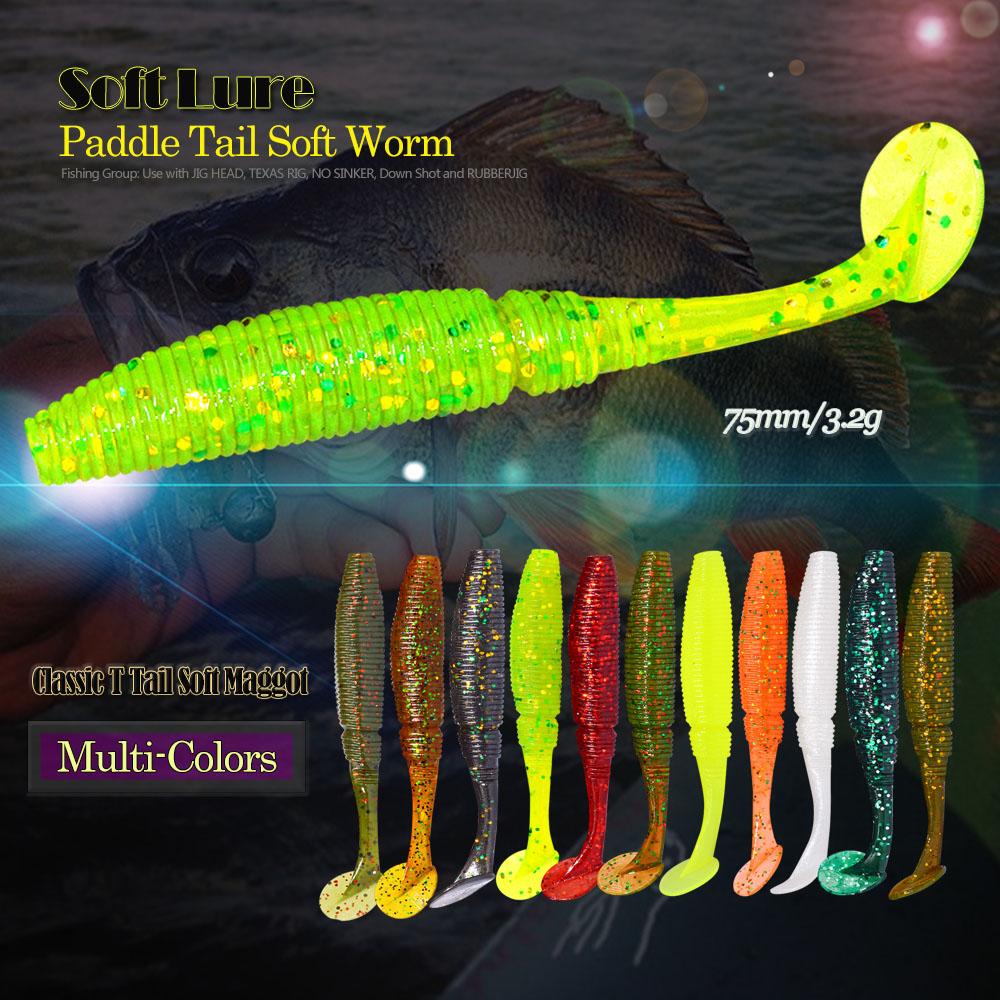 AFISHLURE 6pcs/lot T Tail Soft Worm 3.2g 75mm Paddle wobbler fishing lure for bass Fishing Bait Grub Swimbait
