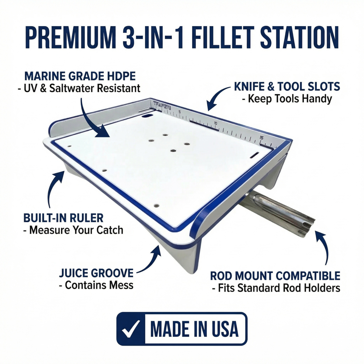 Premium Rod Mount 18" or 33" Raised Fillet Table – 3-in-1 Bait & Fish Station | Fits Rod Holders, Buckets & Flat Surfaces | Marine-Grade HDPE | Ruler, Juice Groove, Knife & Tool Slots