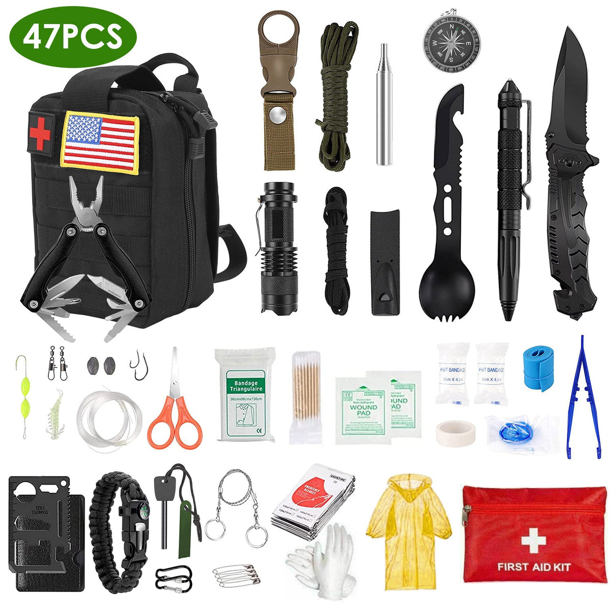 47Pcs Emergency Survival Kit Survival EDC Gear Equipment Tool First Aid Supplies Kit Tools with Pouch for Adventure