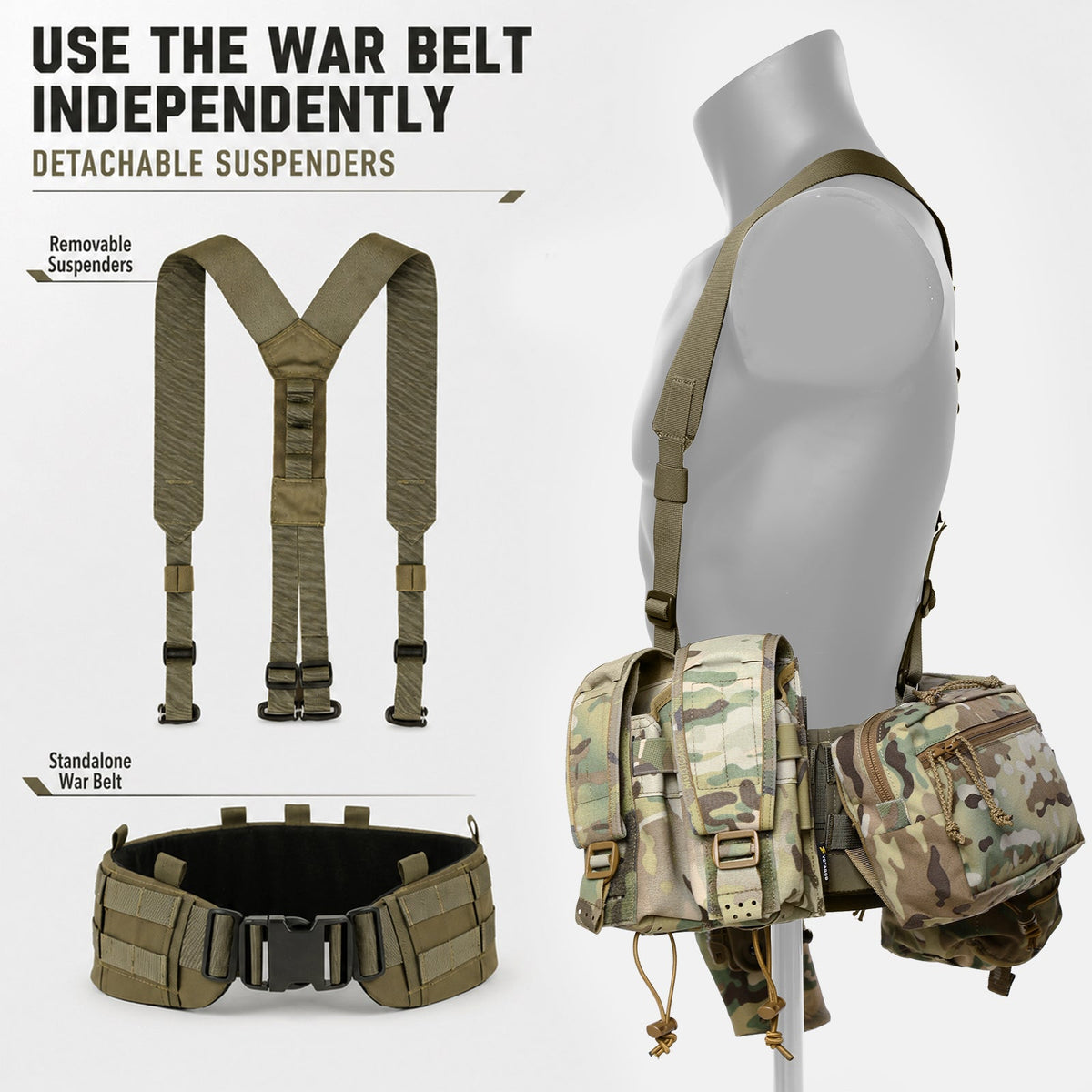 VOTAGOO® Padded MOLLE Battle Belt with Detachable Suspenders