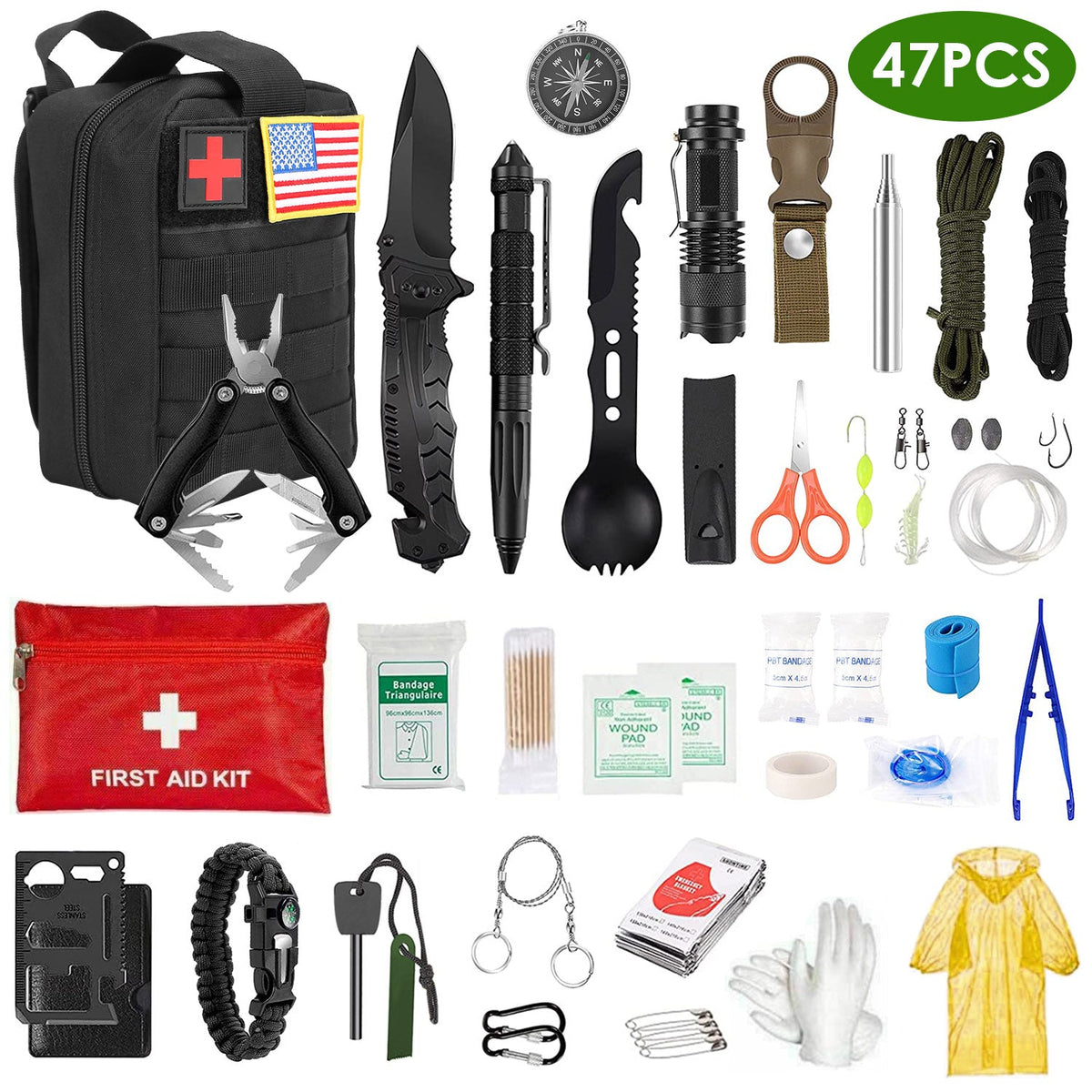 47Pcs Emergency Survival Kit Survival EDC Gear Equipment Tool First Aid Supplies Kit Tools with Pouch for Adventure