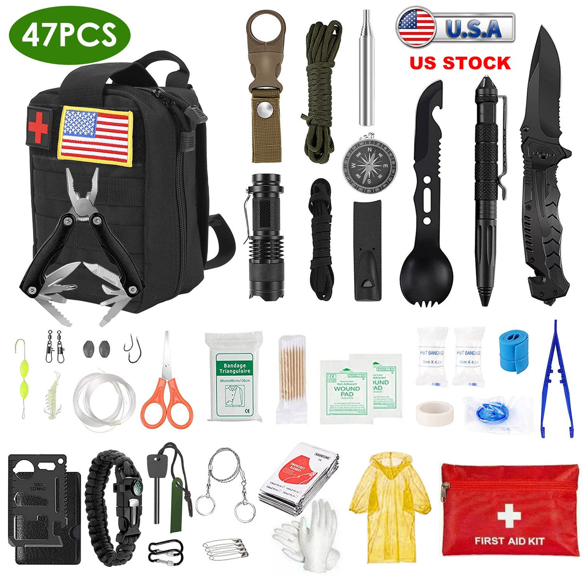 47Pcs Emergency Survival Kit Survival EDC Gear Equipment Tool First Aid Supplies Kit Tools with Pouch for Adventure