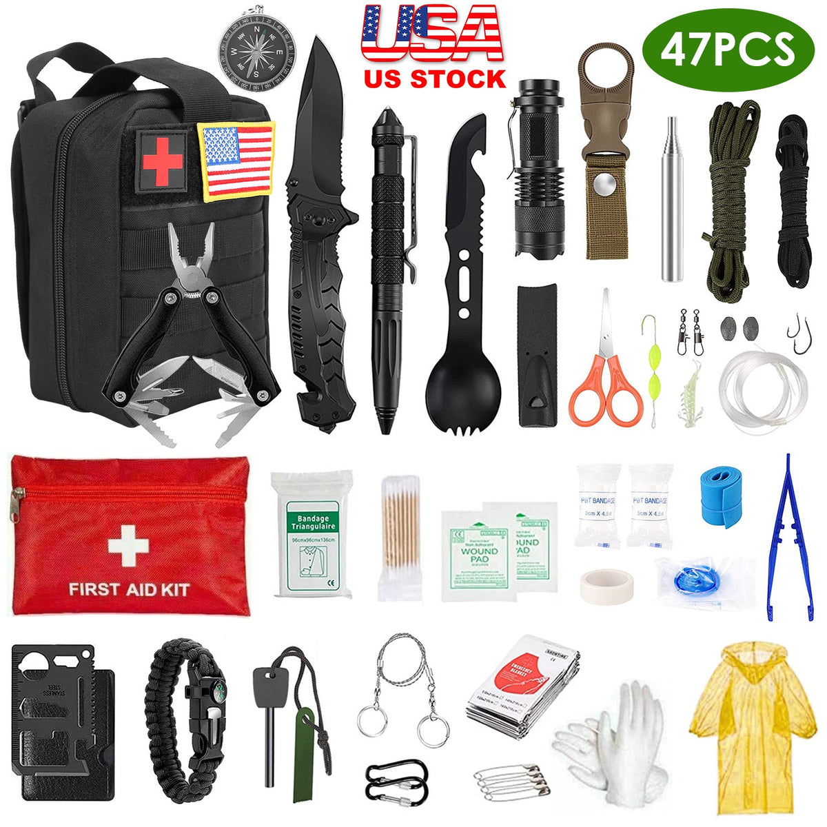 47Pcs Emergency Survival Kit Survival EDC Gear Equipment Tool First Aid Supplies Kit Tools with Pouch for Adventure