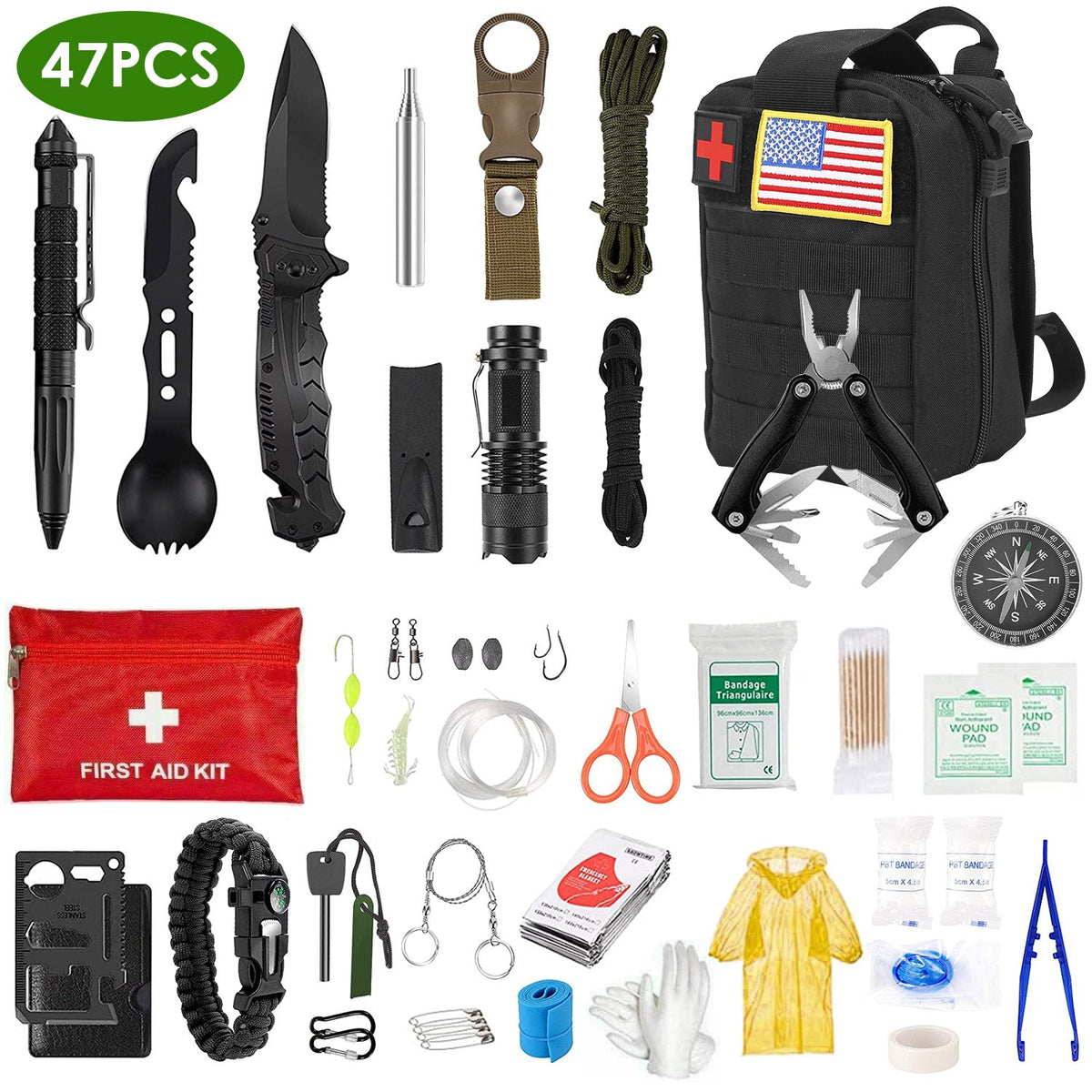 47Pcs Emergency Survival Kit Survival EDC Gear Equipment Tool First Aid Supplies Kit Tools with Pouch for Adventure