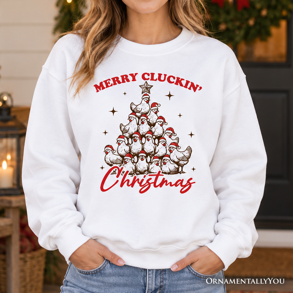 Merry Cluckin' Christmas Tree Sweatshirt, Funny Santa Hat Chicken Farmhouse Sweater