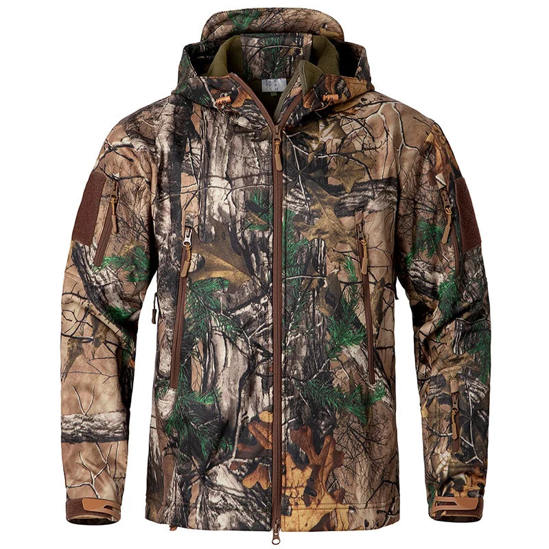 Men’s Camouflage Tactical Softshell Jacket – Waterproof Fleece Hooded Coat for Hunting & Outdoor Adventures