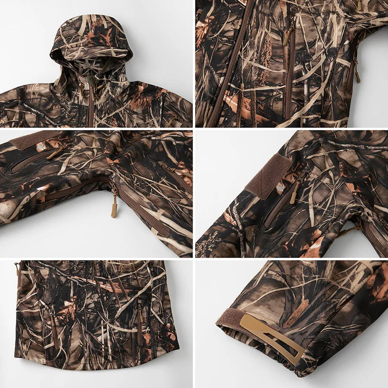Men’s Camouflage Tactical Softshell Jacket – Waterproof Fleece Hooded Coat for Hunting & Outdoor Adventures