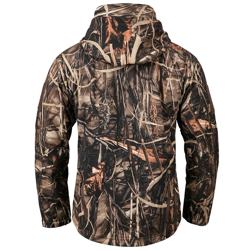 Men’s Camouflage Tactical Softshell Jacket – Waterproof Fleece Hooded Coat for Hunting & Outdoor Adventures