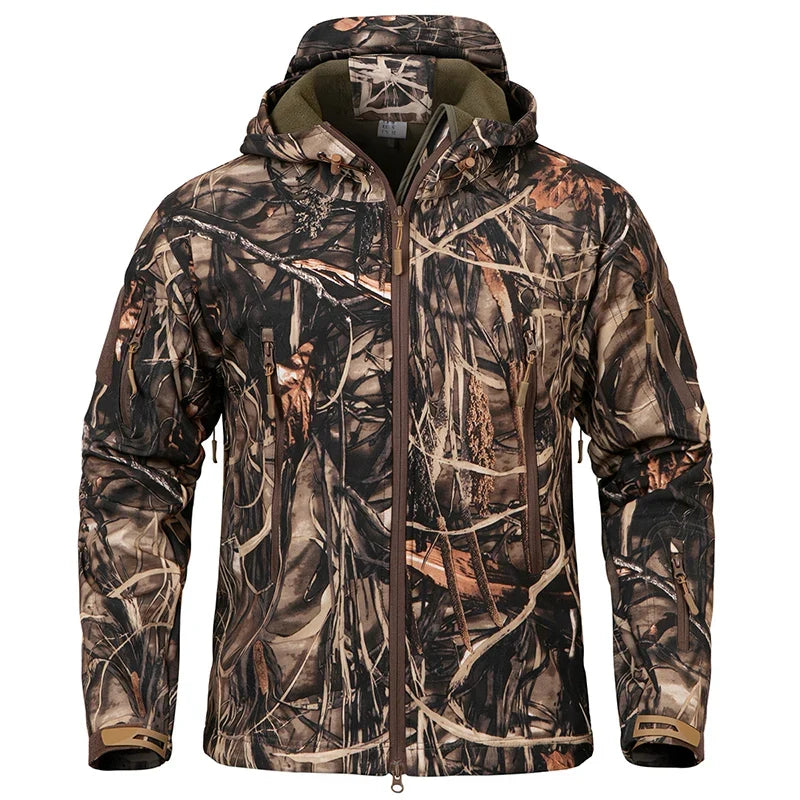 Men’s Camouflage Tactical Softshell Jacket – Waterproof Fleece Hooded Coat for Hunting & Outdoor Adventures