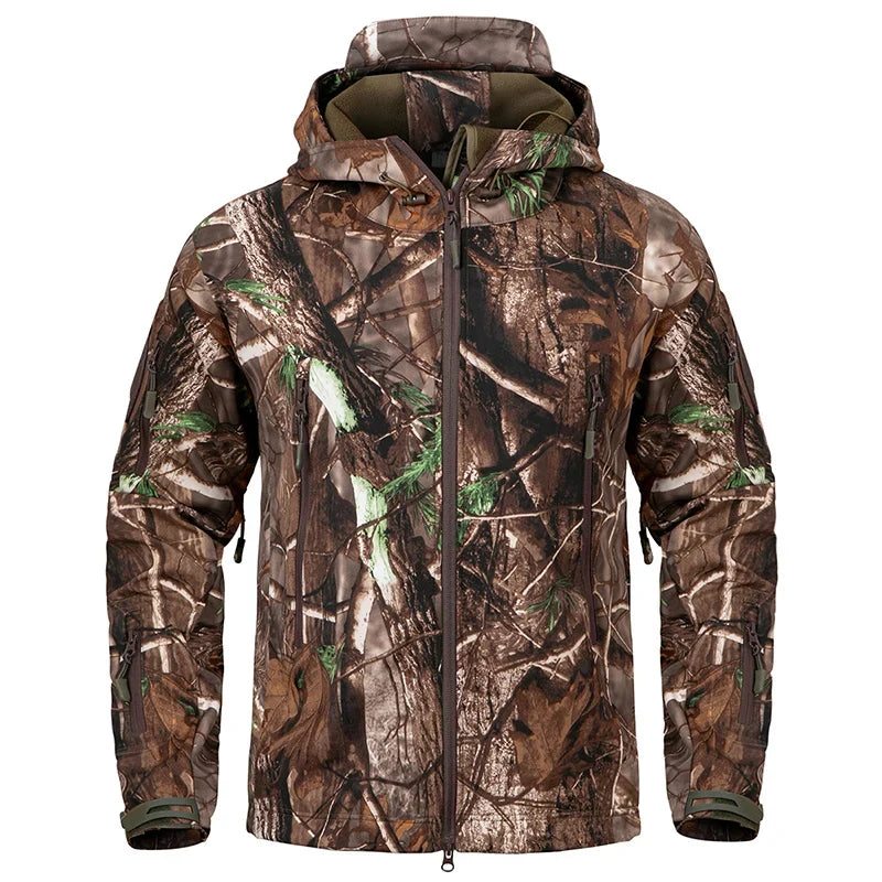 Men’s Camouflage Tactical Softshell Jacket – Waterproof Fleece Hooded Coat for Hunting & Outdoor Adventures
